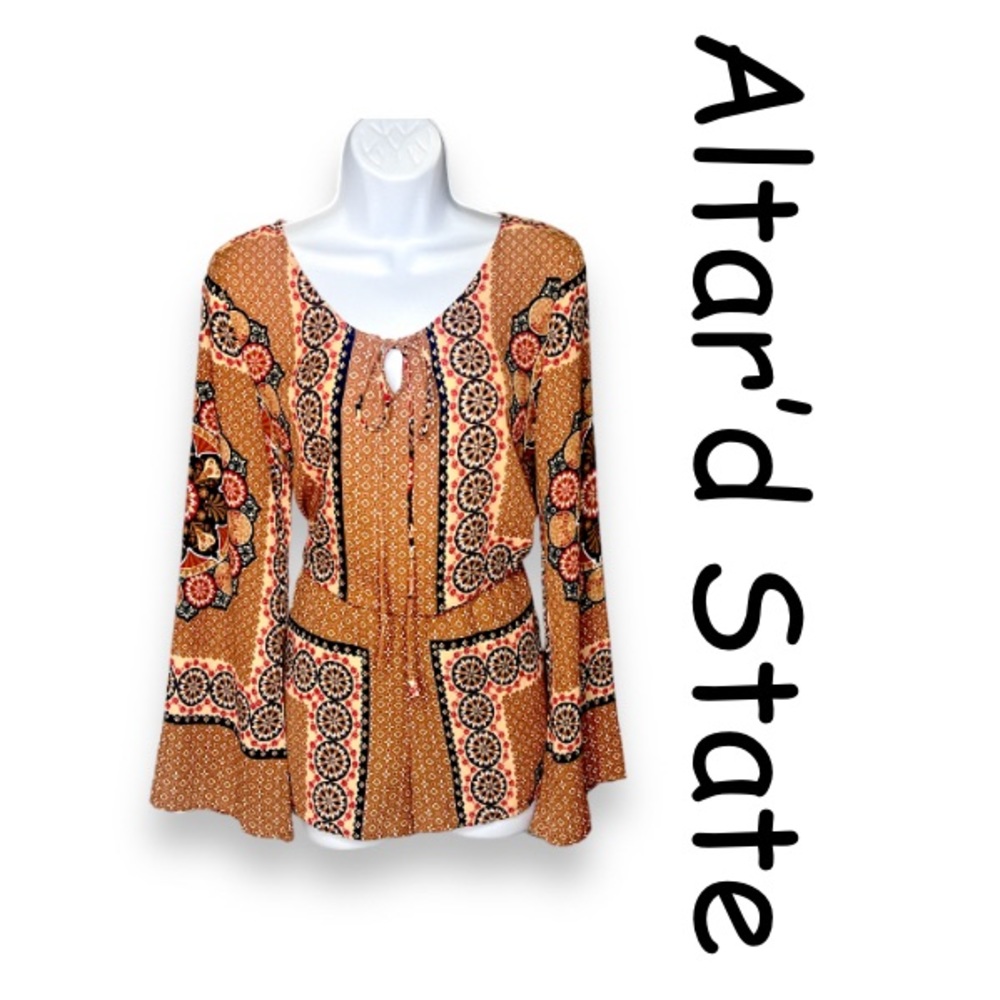 Altar’d Stare Bell Sleeve Le Fleur Boho Brown Romper Jumpsuit Size S EUC!
